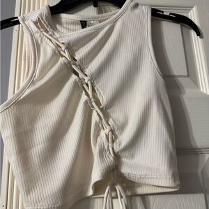H&M Cream Ribbed Crop Tank Top with Tie Front
